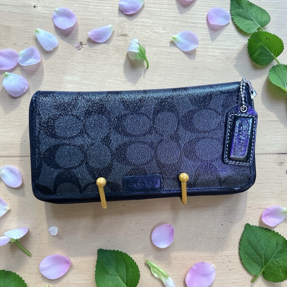 Coach Black Signature Zip Wallet with Iridescent Tag